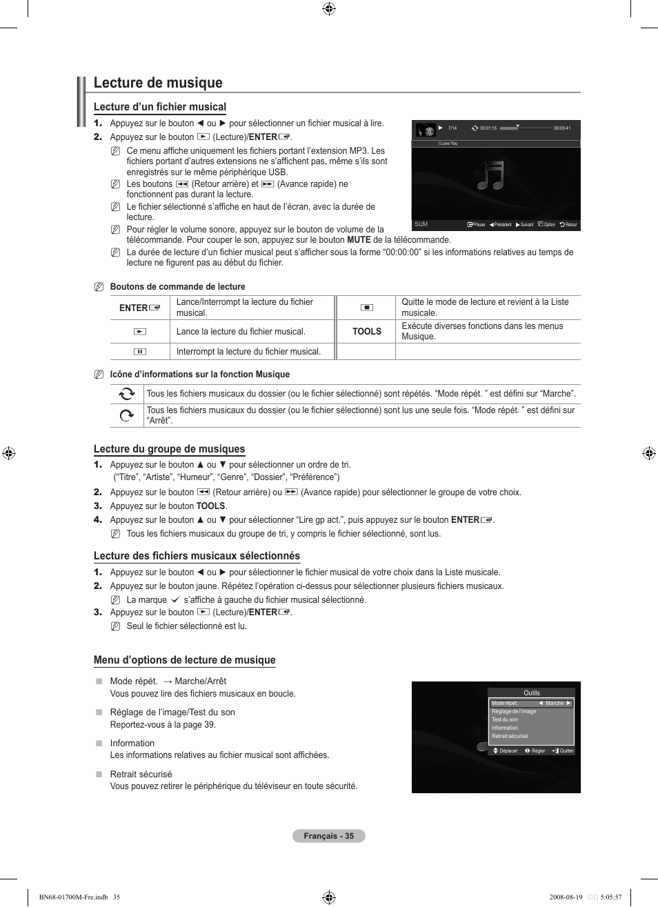 Lecture de musique, Lecture d’un fichier musical, Lecture du groupe de musiques | Lecture des fichiers musicaux sélectionnés, Menu d’options de lecture de musique | Samsung LE46A756R1M User Manual | Page 97 / 422