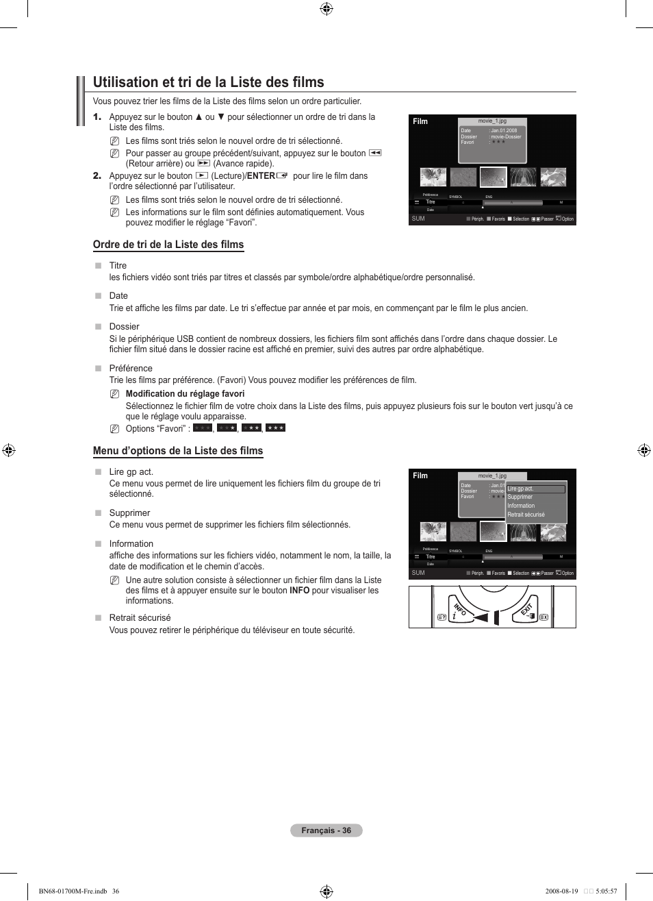 Utilisation et tri de la liste des films, Ordre de tri de la liste des films, Menu d’options de la liste des films | Samsung LE46A756R1M User Manual | Page 98 / 422