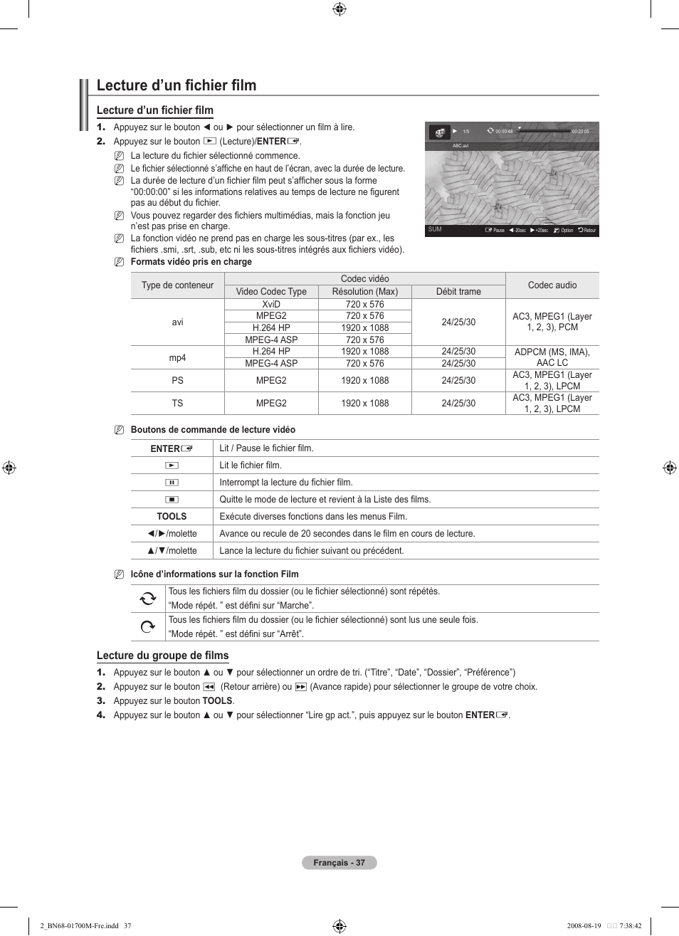 Lecture d’un ﬁ chier ﬁ lm, Lecture du groupe de ﬁ lms | Samsung LE46A756R1M User Manual | Page 99 / 422