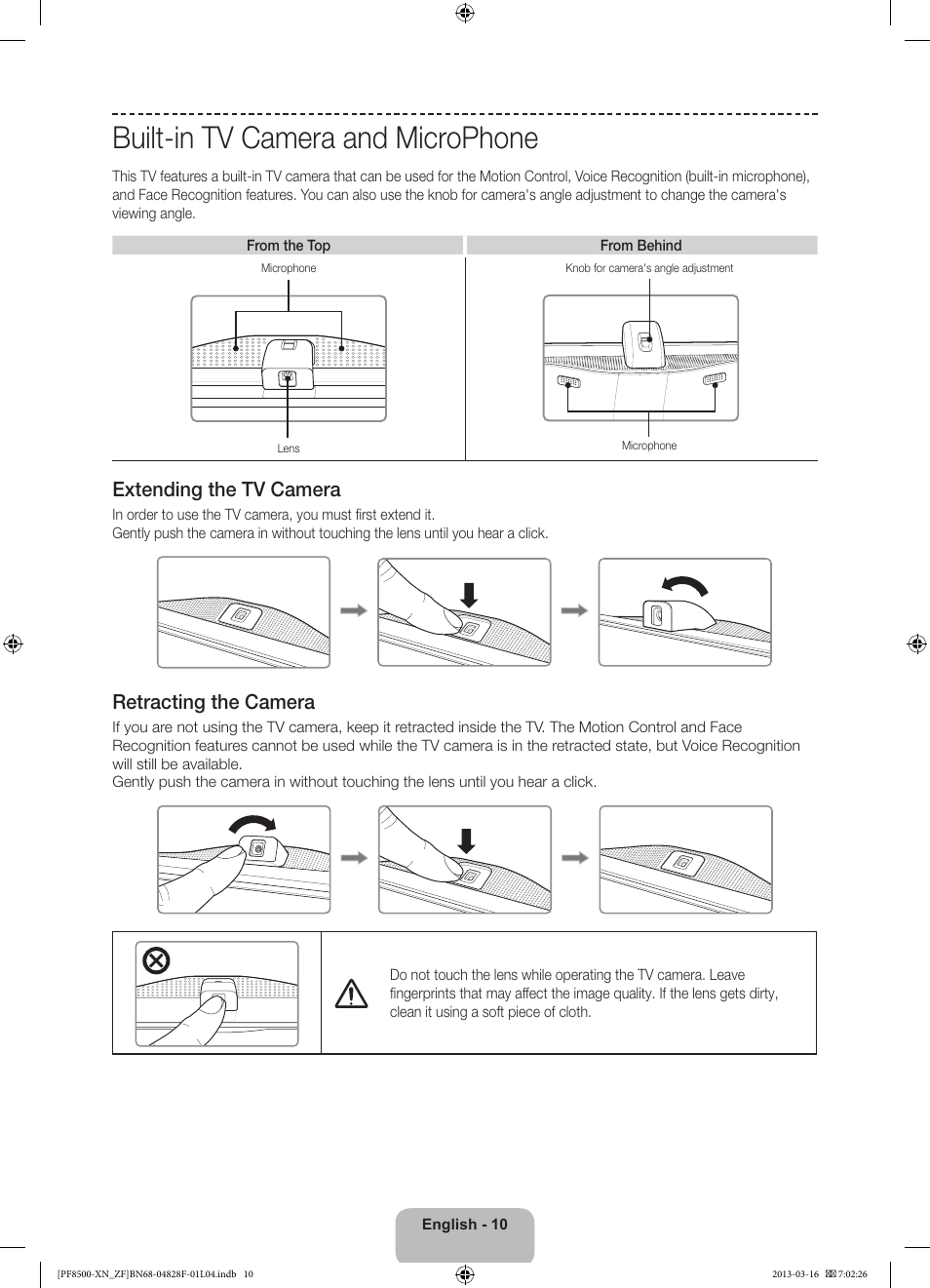 Built-in tv camera and microphone, 경고 주의 경고 주의 | Samsung PS51F8500SL User Manual | Page 10 / 97