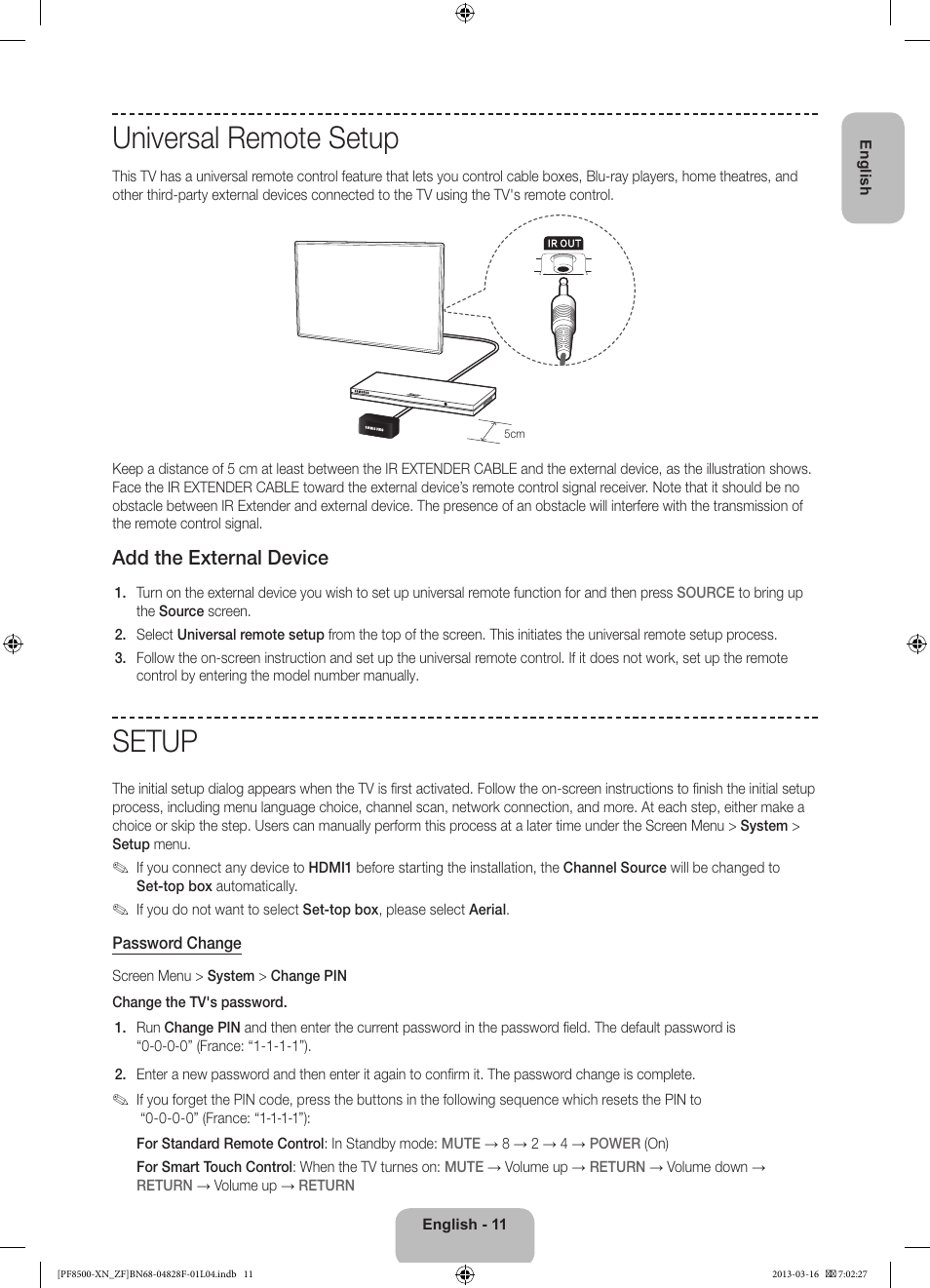 Universal remote setup, Setup, Add the external device | Samsung PS51F8500SL User Manual | Page 11 / 97