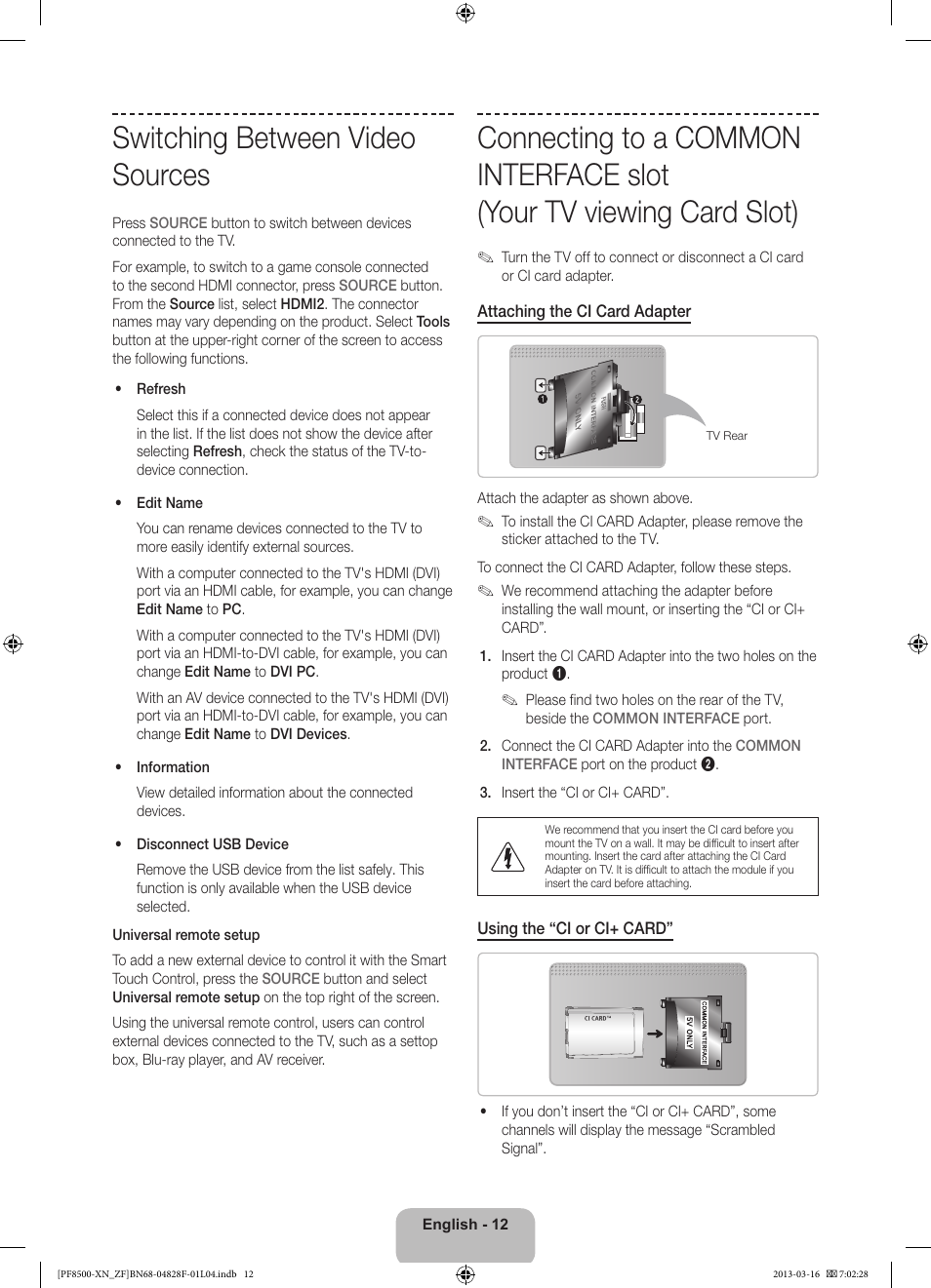 Switching between video sources | Samsung PS51F8500SL User Manual | Page 12 / 97