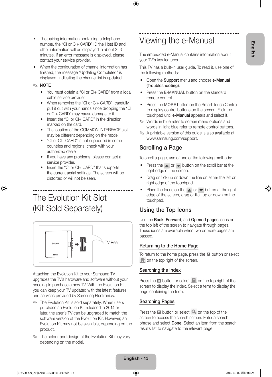 The evolution kit slot (kit sold separately), Viewing the e-manual, Scrolling a page | Using the top icons | Samsung PS51F8500SL User Manual | Page 13 / 97