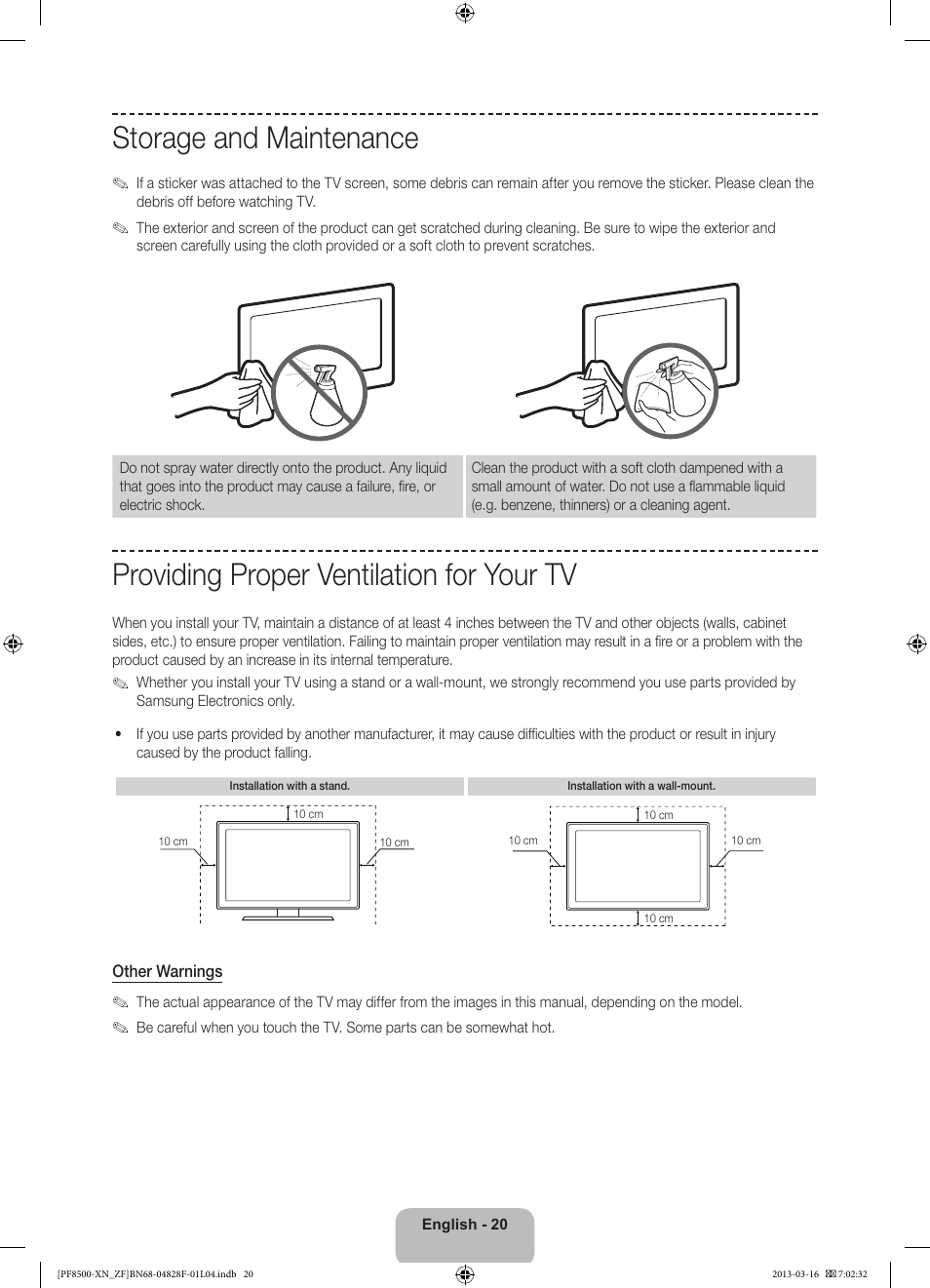 Storage and maintenance, Providing proper ventilation for your tv | Samsung PS51F8500SL User Manual | Page 20 / 97