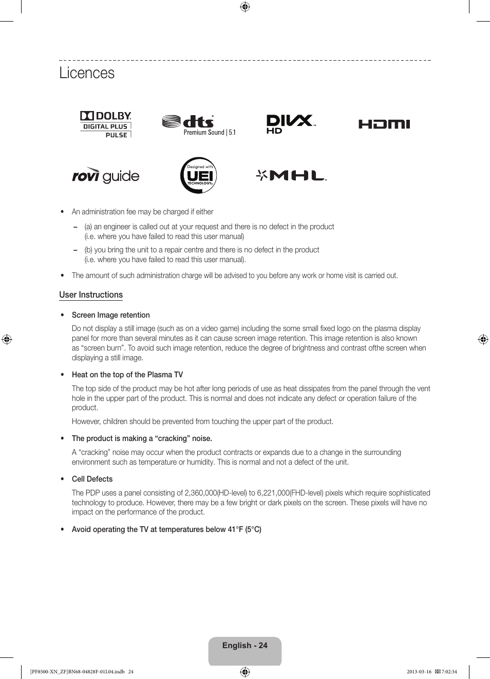 Licences | Samsung PS51F8500SL User Manual | Page 24 / 97