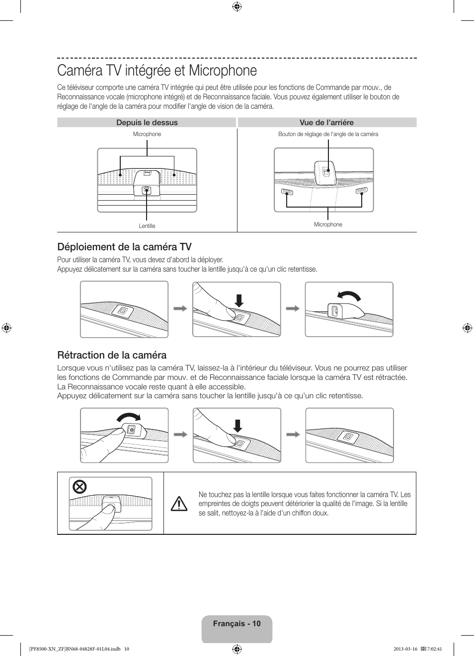 Caméra tv intégrée et microphone, 경고 주의 경고 주의 | Samsung PS51F8500SL User Manual | Page 34 / 97