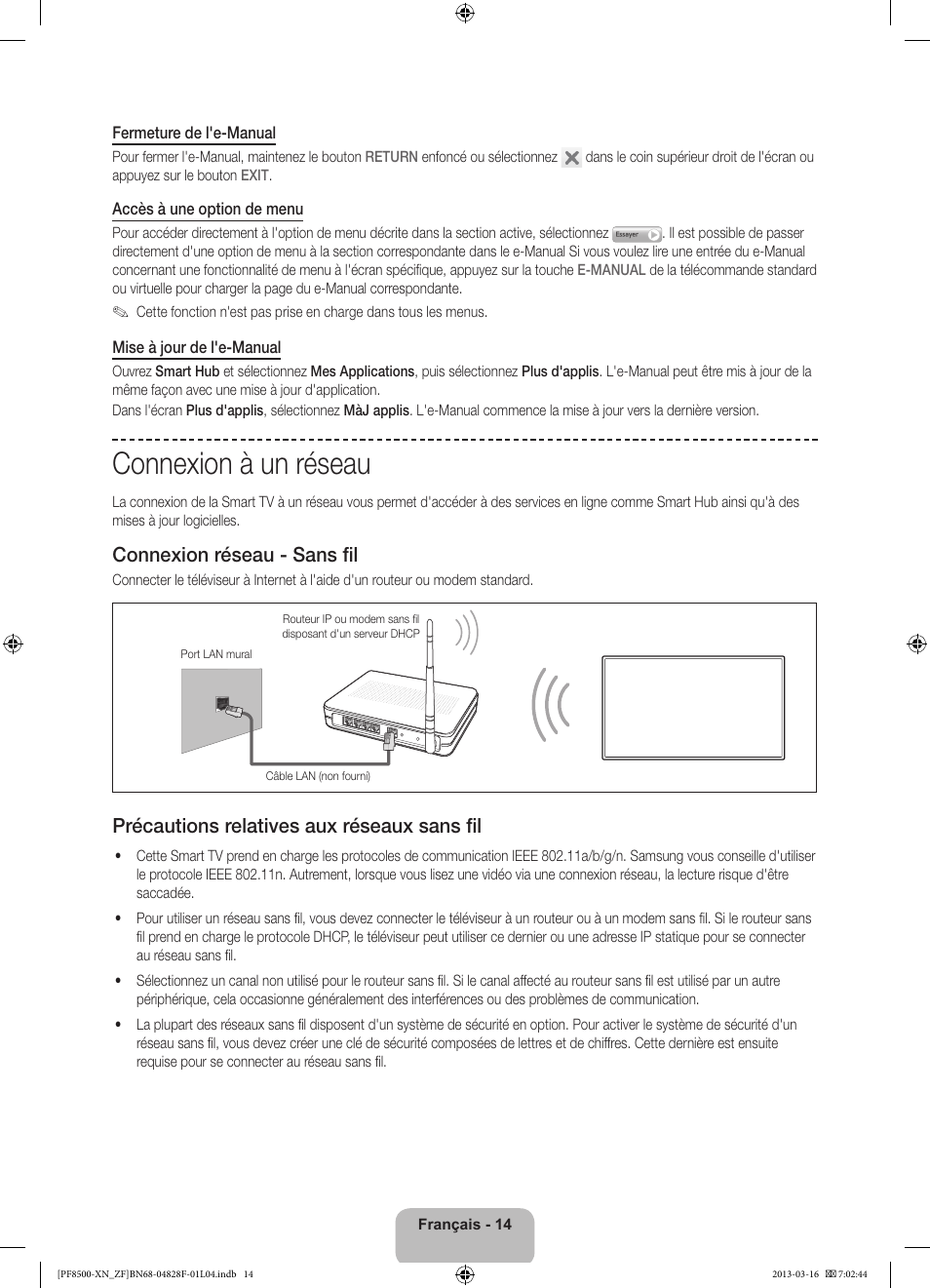 Connexion à un réseau, Connexion réseau - sans fil, Précautions relatives aux réseaux sans fil | Samsung PS51F8500SL User Manual | Page 38 / 97