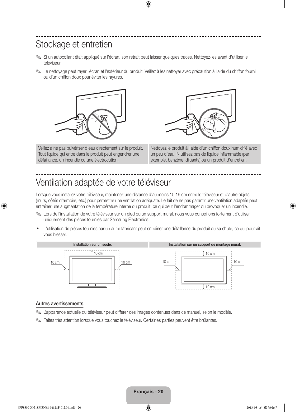 Stockage et entretien, Ventilation adaptée de votre téléviseur | Samsung PS51F8500SL User Manual | Page 44 / 97