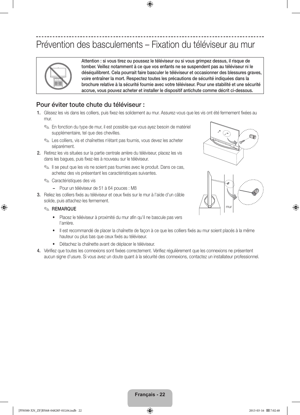 Pour éviter toute chute du téléviseur | Samsung PS51F8500SL User Manual | Page 46 / 97