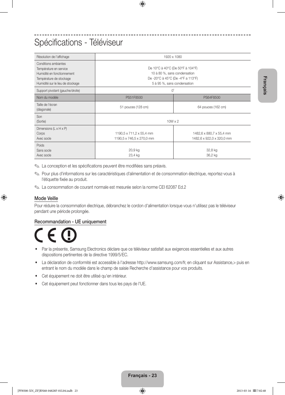 Spécifications - téléviseur | Samsung PS51F8500SL User Manual | Page 47 / 97