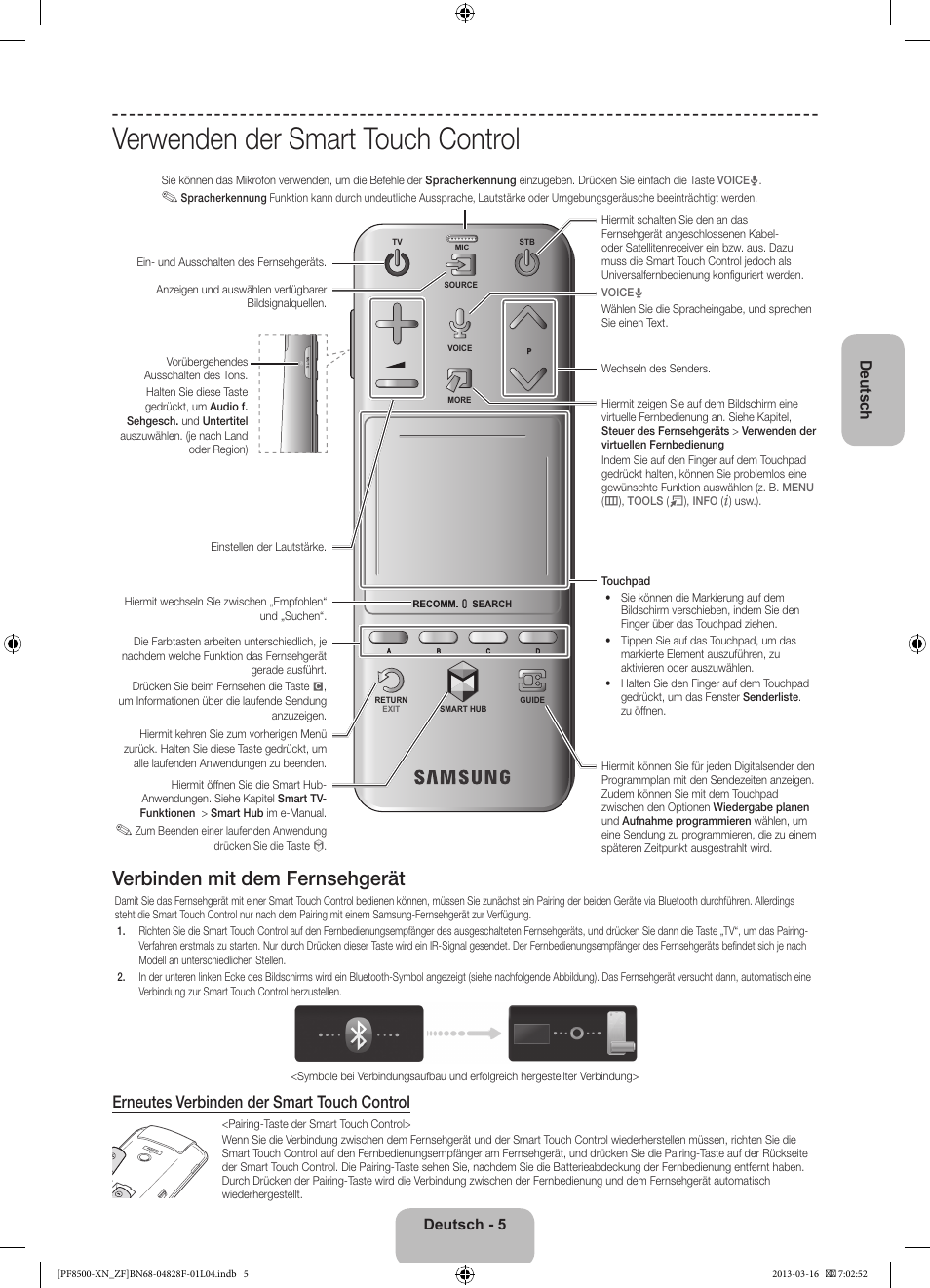 Verwenden der smart touch control, Verbinden mit dem fernsehgerät, Erneutes verbinden der smart touch control | Deutsch - 5 deutsch | Samsung PS51F8500SL User Manual | Page 53 / 97