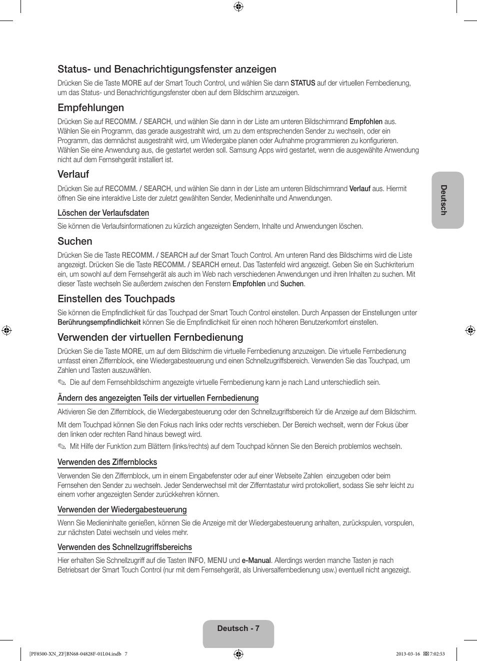 Status- und benachrichtigungsfenster anzeigen, Empfehlungen, Verlauf | Suchen, Einstellen des touchpads, Verwenden der virtuellen fernbedienung | Samsung PS51F8500SL User Manual | Page 55 / 97