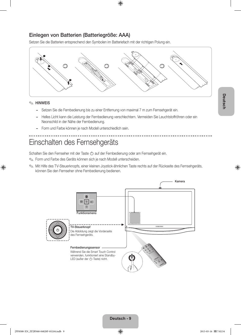 Einschalten des fernsehgeräts, Einlegen von batterien (batteriegröße: aaa) | Samsung PS51F8500SL User Manual | Page 57 / 97