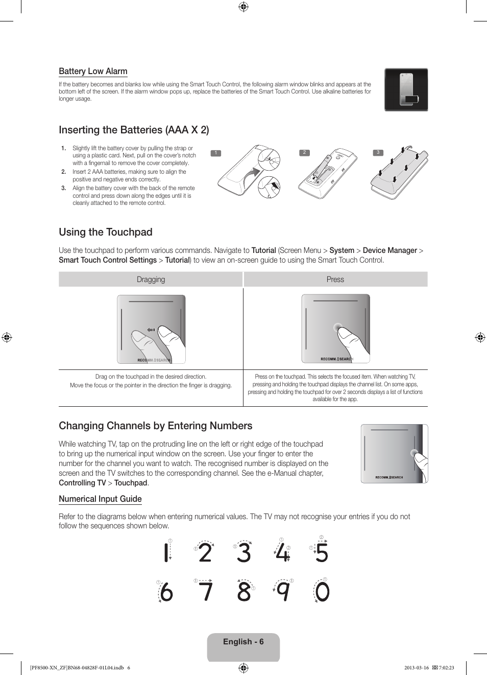 Inserting the batteries (aaa x 2), Using the touchpad, Changing channels by entering numbers | Battery low alarm, Numerical input guide | Samsung PS51F8500SL User Manual | Page 6 / 97