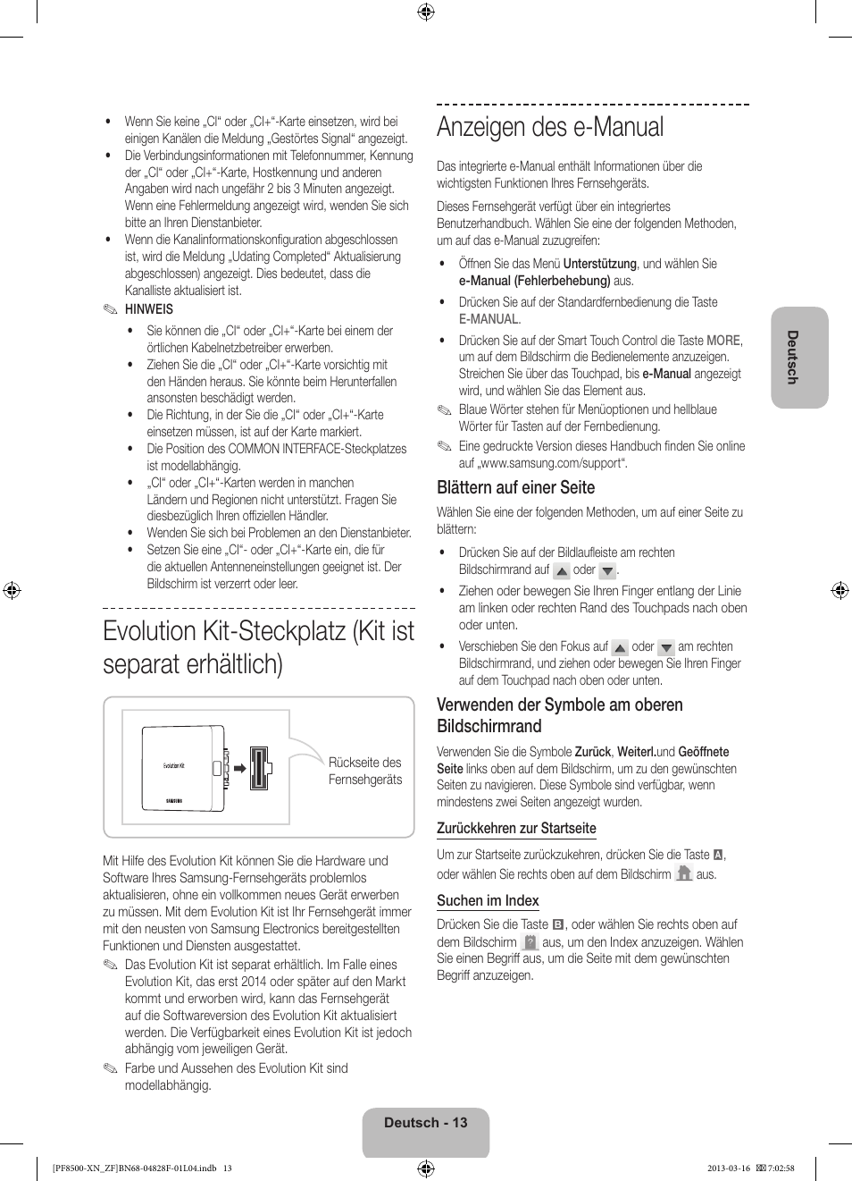 Anzeigen des e-manual, Blättern auf einer seite, Verwenden der symbole am oberen bildschirmrand | Samsung PS51F8500SL User Manual | Page 61 / 97