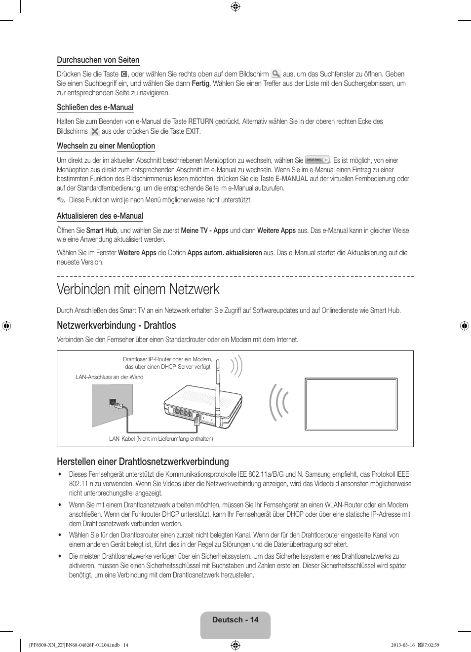 Verbinden mit einem netzwerk, Netzwerkverbindung - drahtlos, Herstellen einer drahtlosnetzwerkverbindung | Samsung PS51F8500SL User Manual | Page 62 / 97