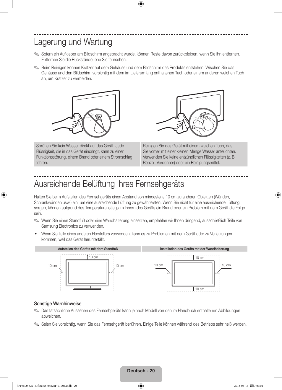 Lagerung und wartung, Ausreichende belüftung ihres fernsehgeräts | Samsung PS51F8500SL User Manual | Page 68 / 97