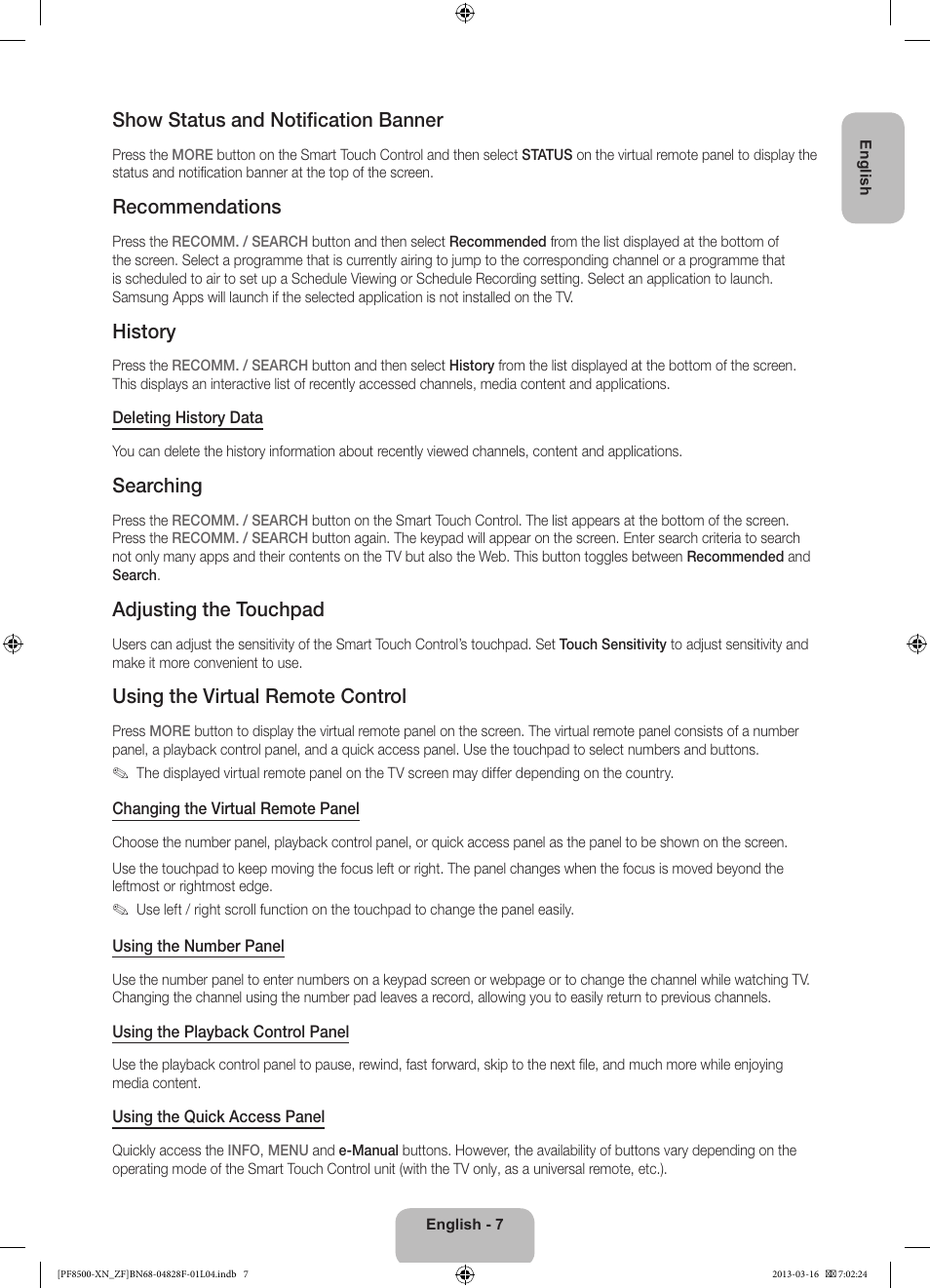 Show status and notification banner, Recommendations, History | Searching, Adjusting the touchpad, Using the virtual remote control | Samsung PS51F8500SL User Manual | Page 7 / 97