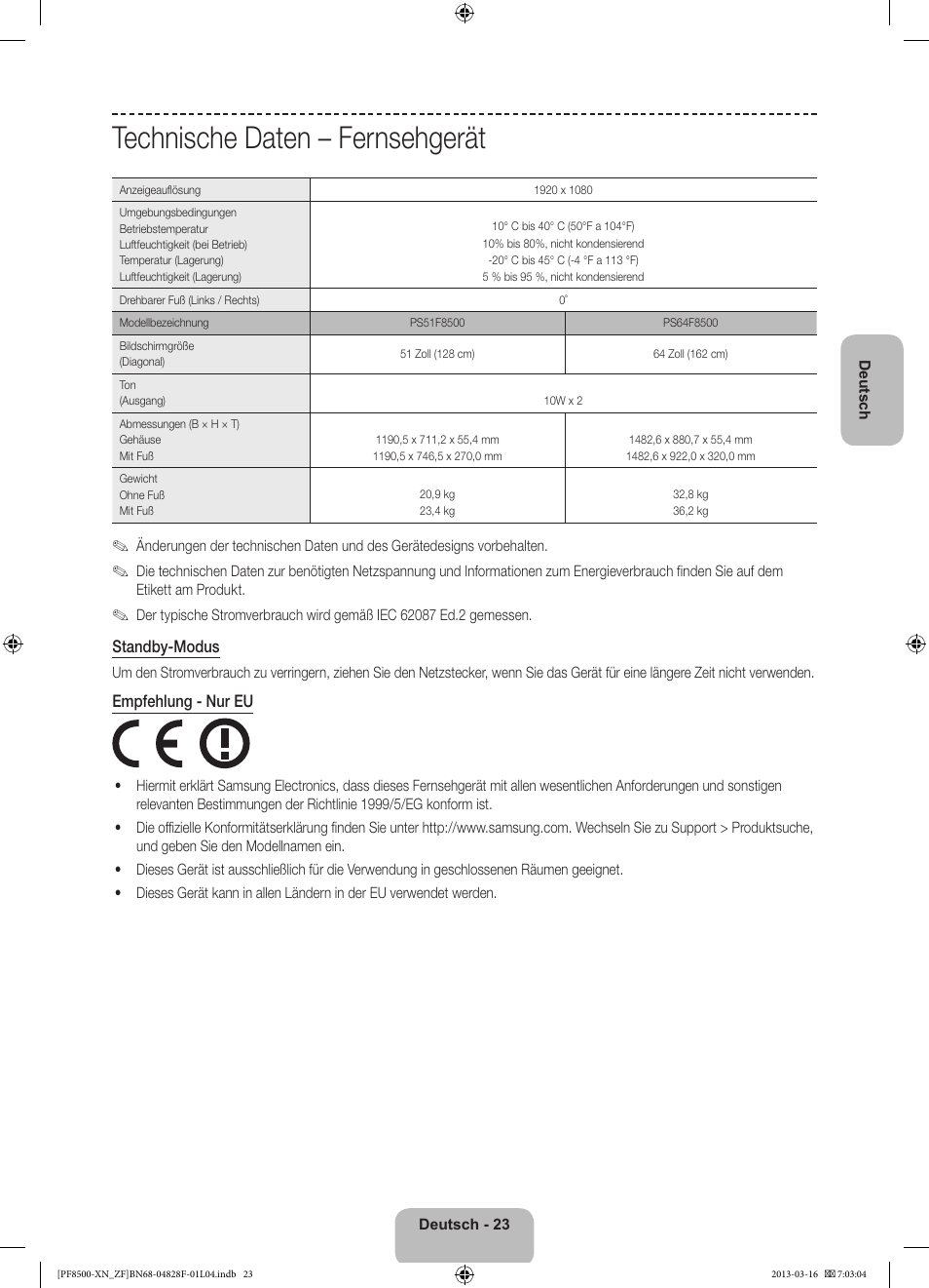 Technische daten – fernsehgerät | Samsung PS51F8500SL User Manual | Page 71 / 97