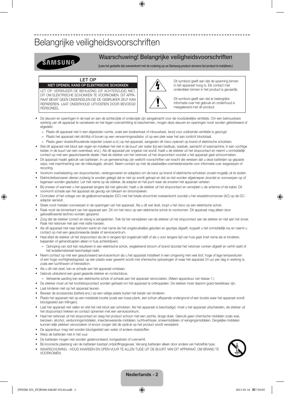 Belangrijke veiligheidsvoorschriften, Waarschuwing! belangrijke veiligheidsvoorschriften | Samsung PS51F8500SL User Manual | Page 74 / 97