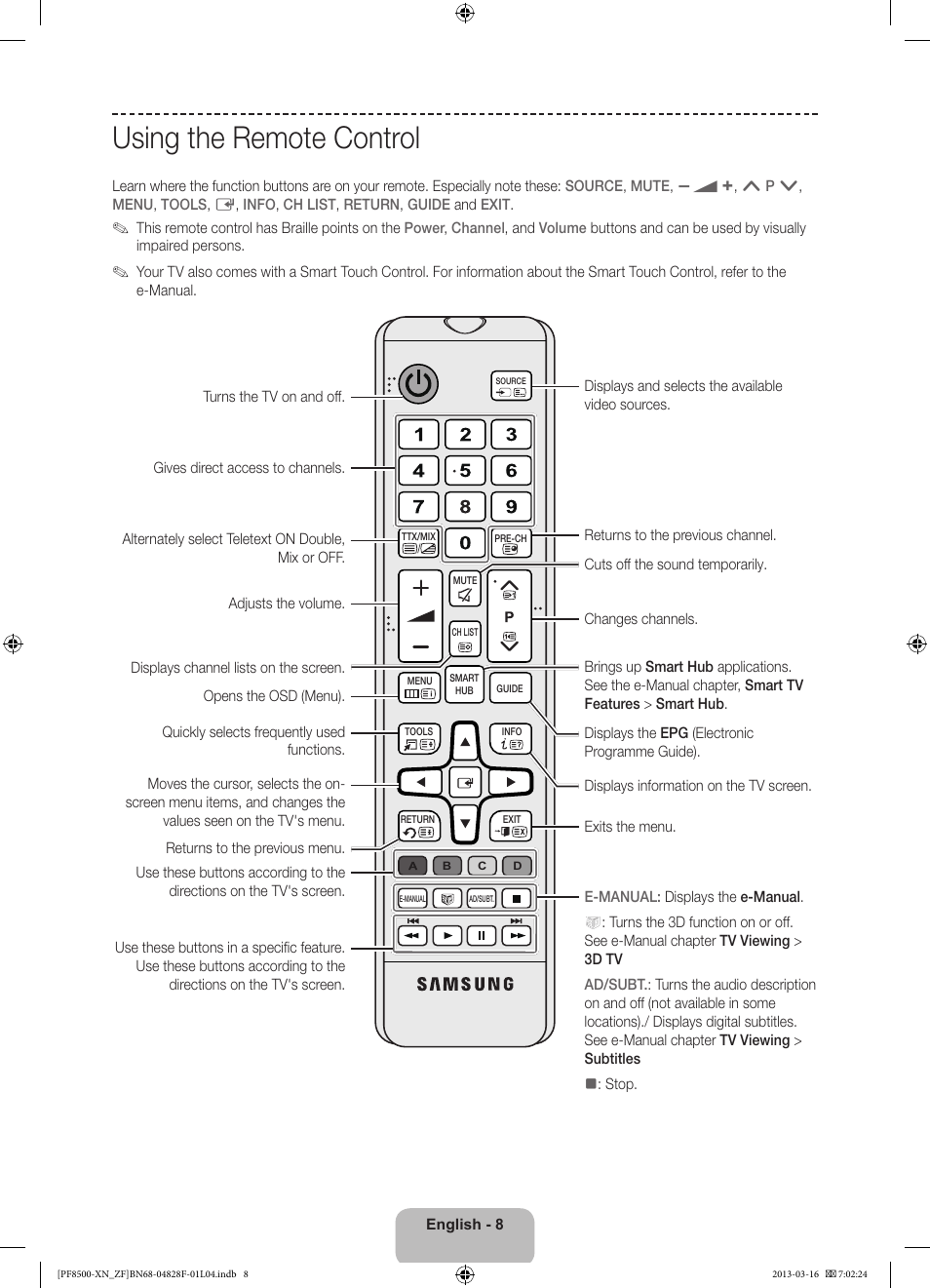 Using the remote control | Samsung PS51F8500SL User Manual | Page 8 / 97