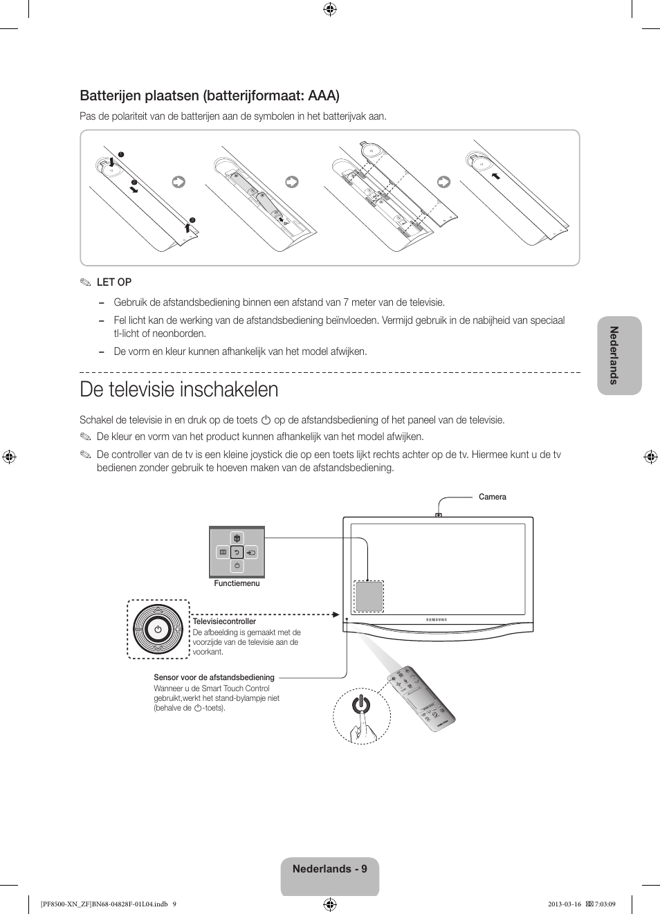 De televisie inschakelen, Batterijen plaatsen (batterijformaat: aaa) | Samsung PS51F8500SL User Manual | Page 81 / 97