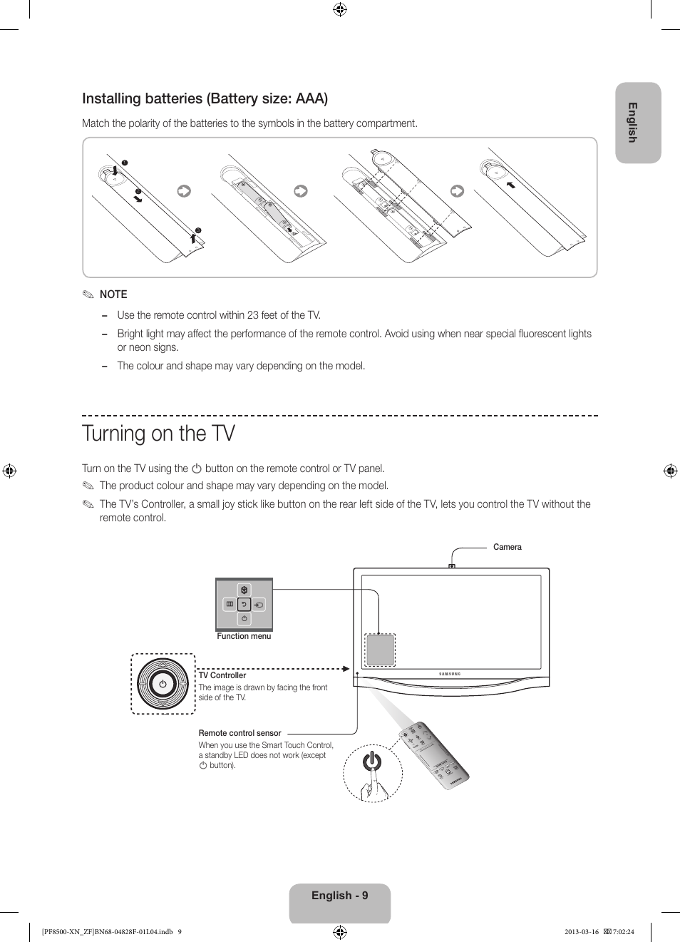 Turning on the tv, Installing batteries (battery size: aaa) | Samsung PS51F8500SL User Manual | Page 9 / 97