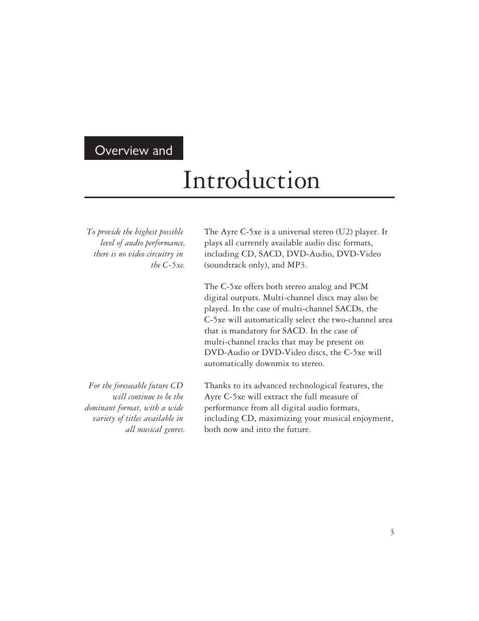 Introduction, Overview and | Ayre Acoustics C-5xe User Manual | Page 5 / 40