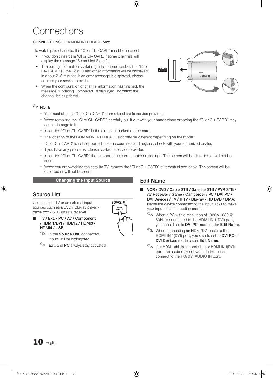 Changing the input source, Connections | Samsung UE40C5700QS User Manual | Page 10 / 209