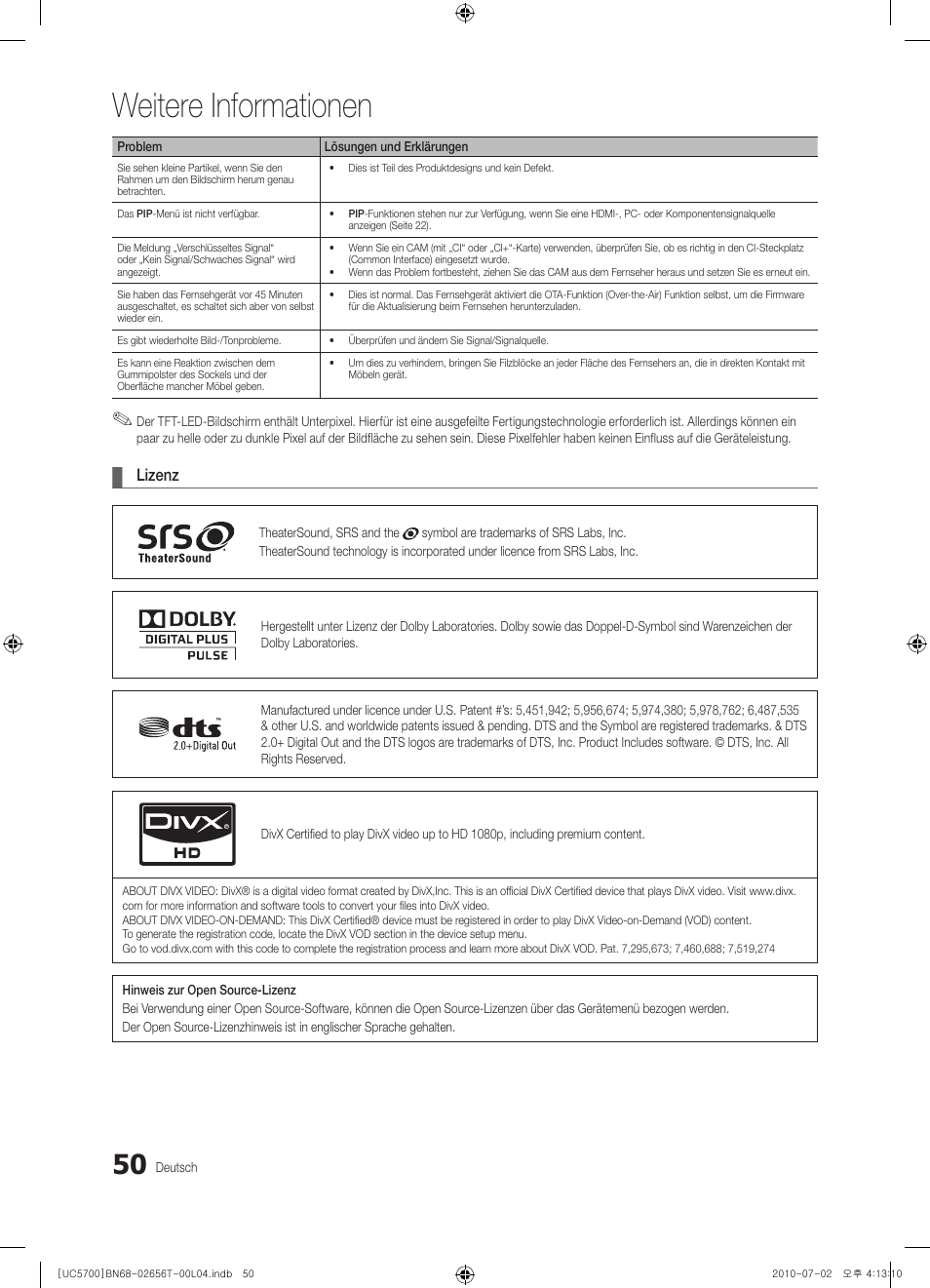 Weitere informationen, Lizenz | Samsung UE40C5700QS User Manual | Page 102 / 209