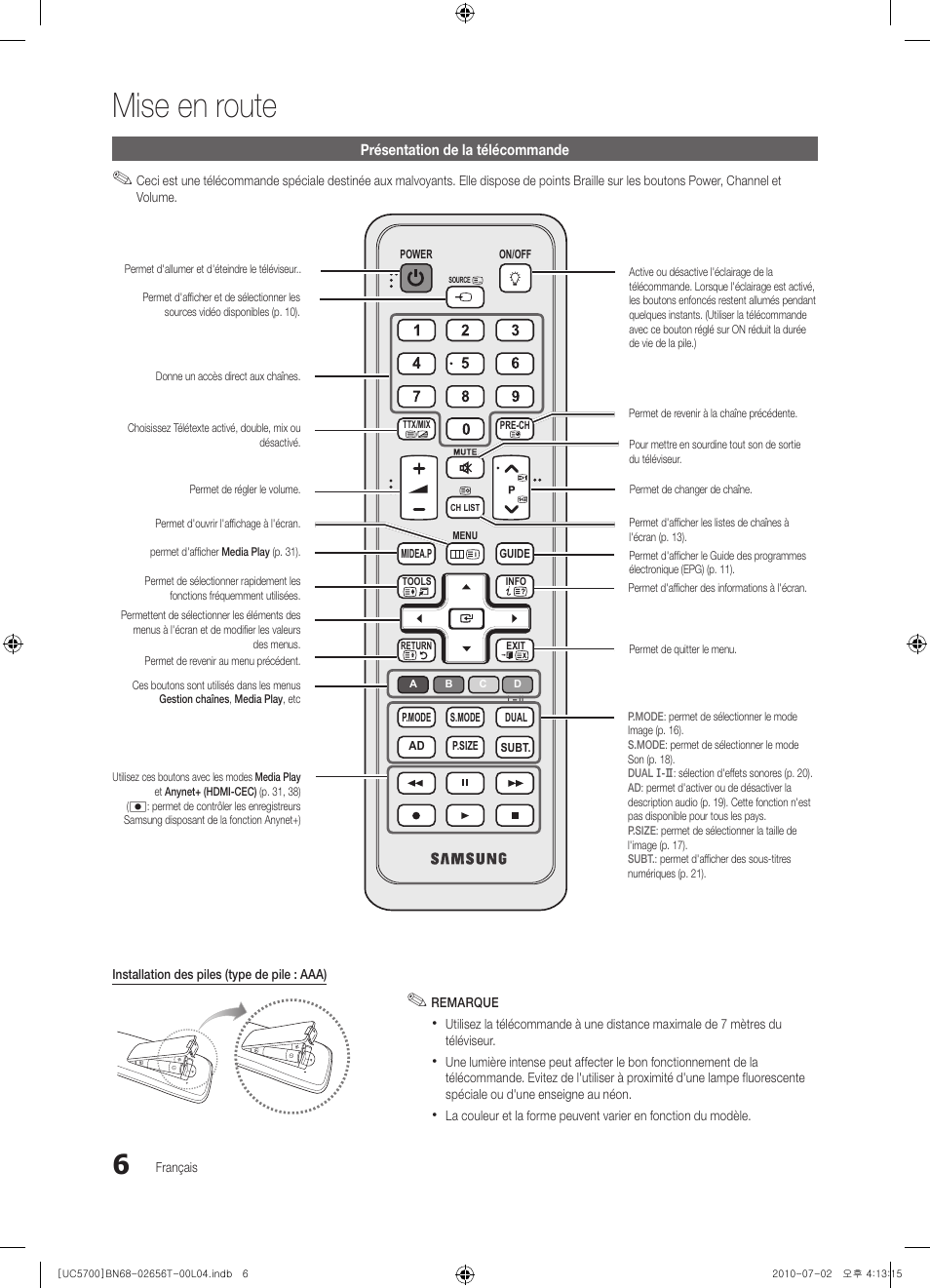 Mise en route | Samsung UE40C5700QS User Manual | Page 110 / 209