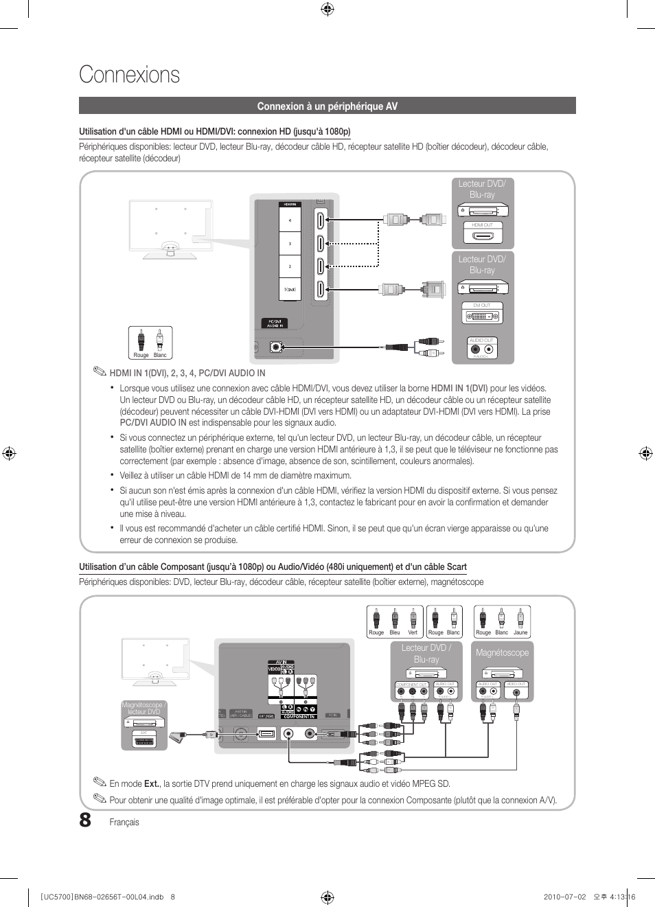 Connexions, Connexion à un périphérique av | Samsung UE40C5700QS User Manual | Page 112 / 209