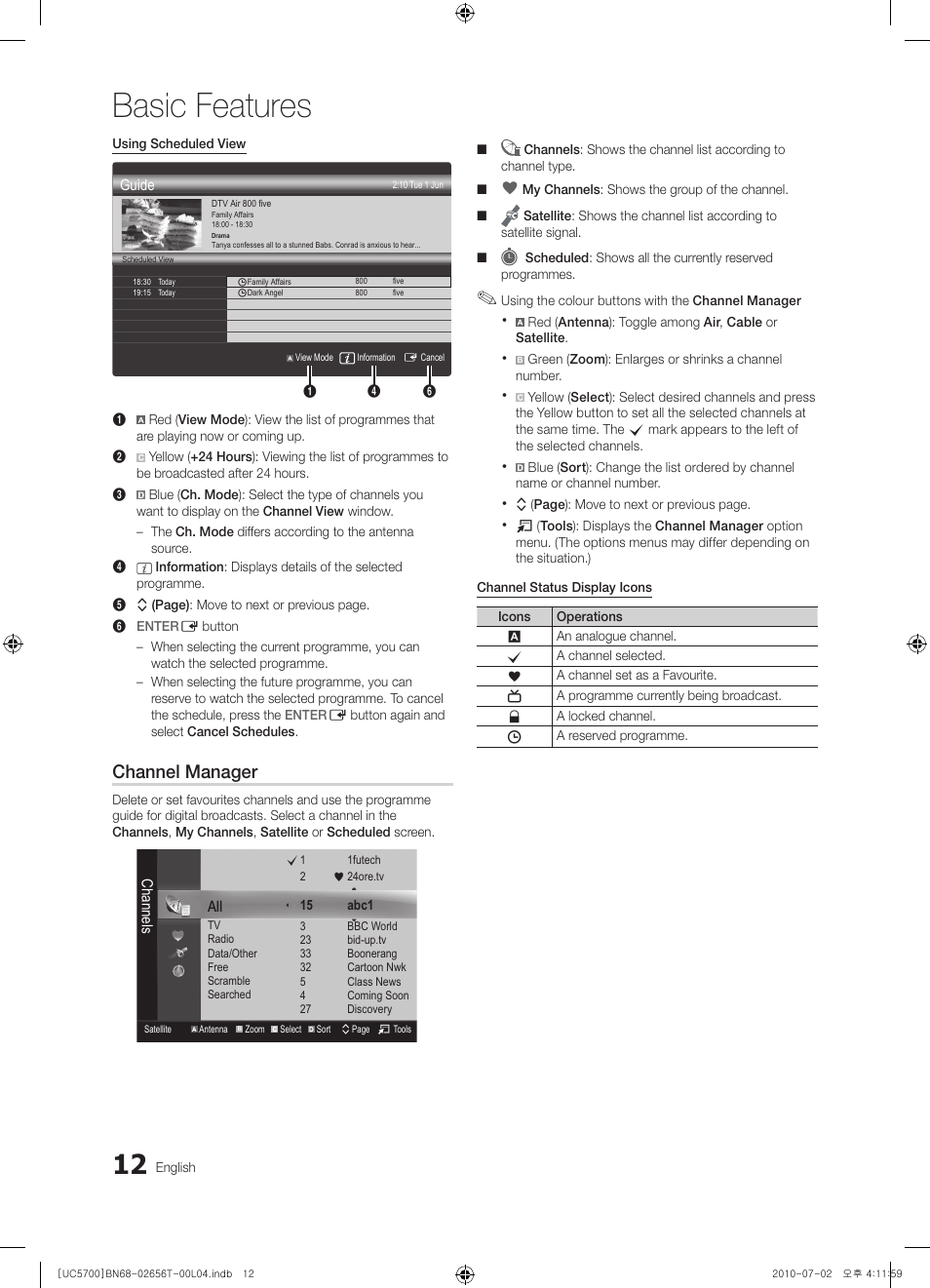 Basic features, Channel manager | Samsung UE40C5700QS User Manual | Page 12 / 209