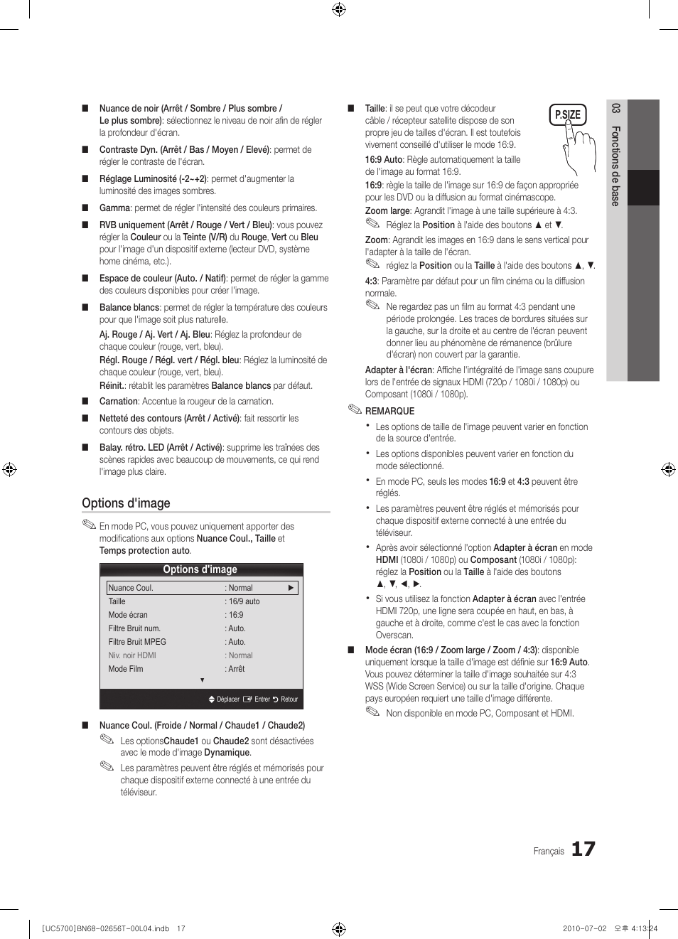 Options d'image | Samsung UE40C5700QS User Manual | Page 121 / 209
