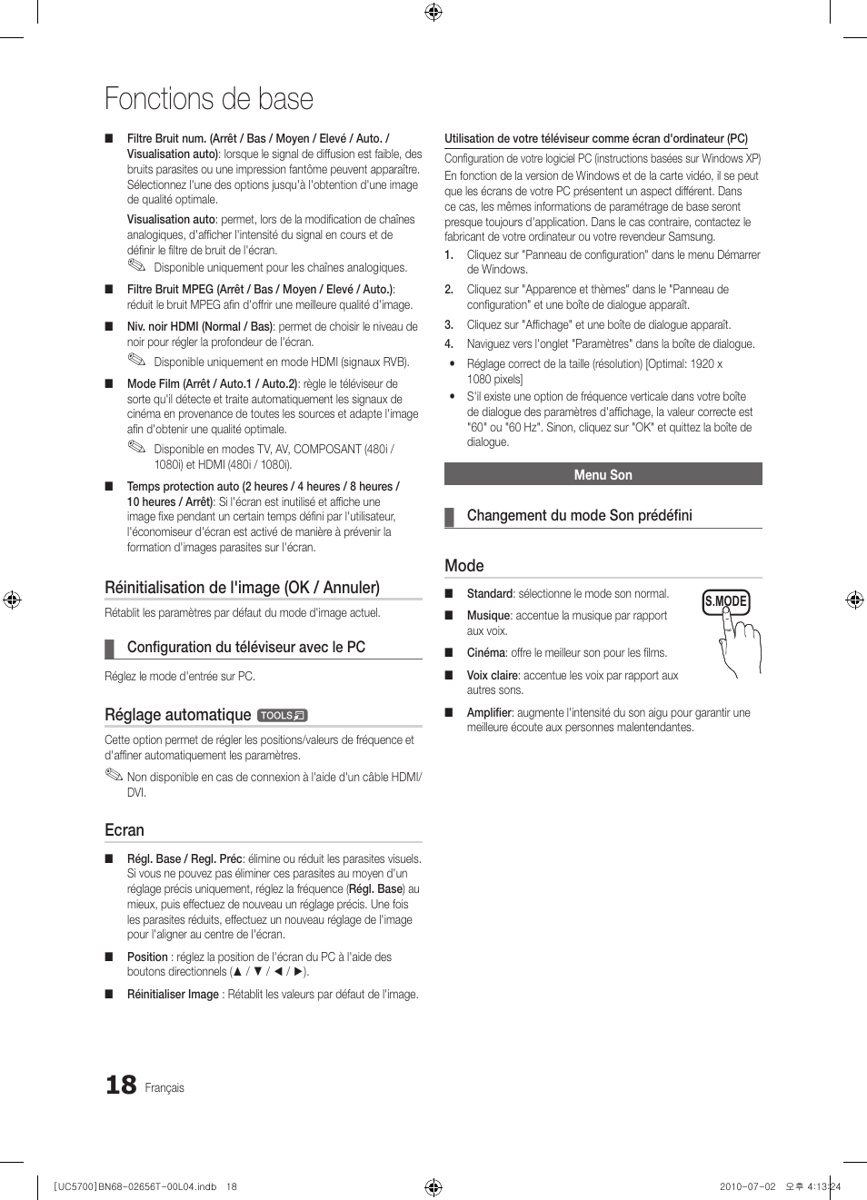 Fonctions de base, Réinitialisation de l'image (ok / annuler), Réglage automatique | Ecran, Mode | Samsung UE40C5700QS User Manual | Page 122 / 209