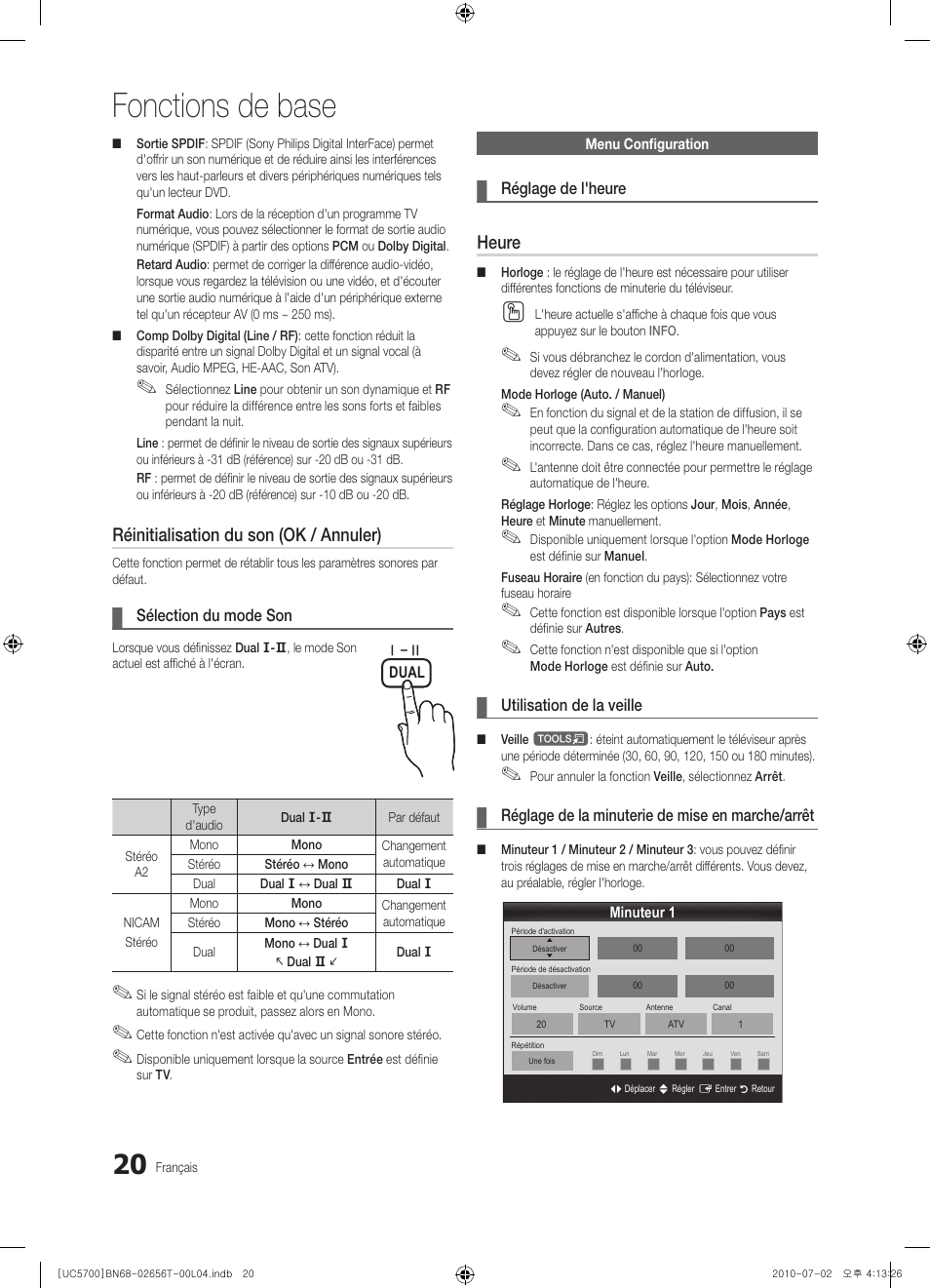 Fonctions de base, Réinitialisation du son (ok / annuler), Heure | Samsung UE40C5700QS User Manual | Page 124 / 209