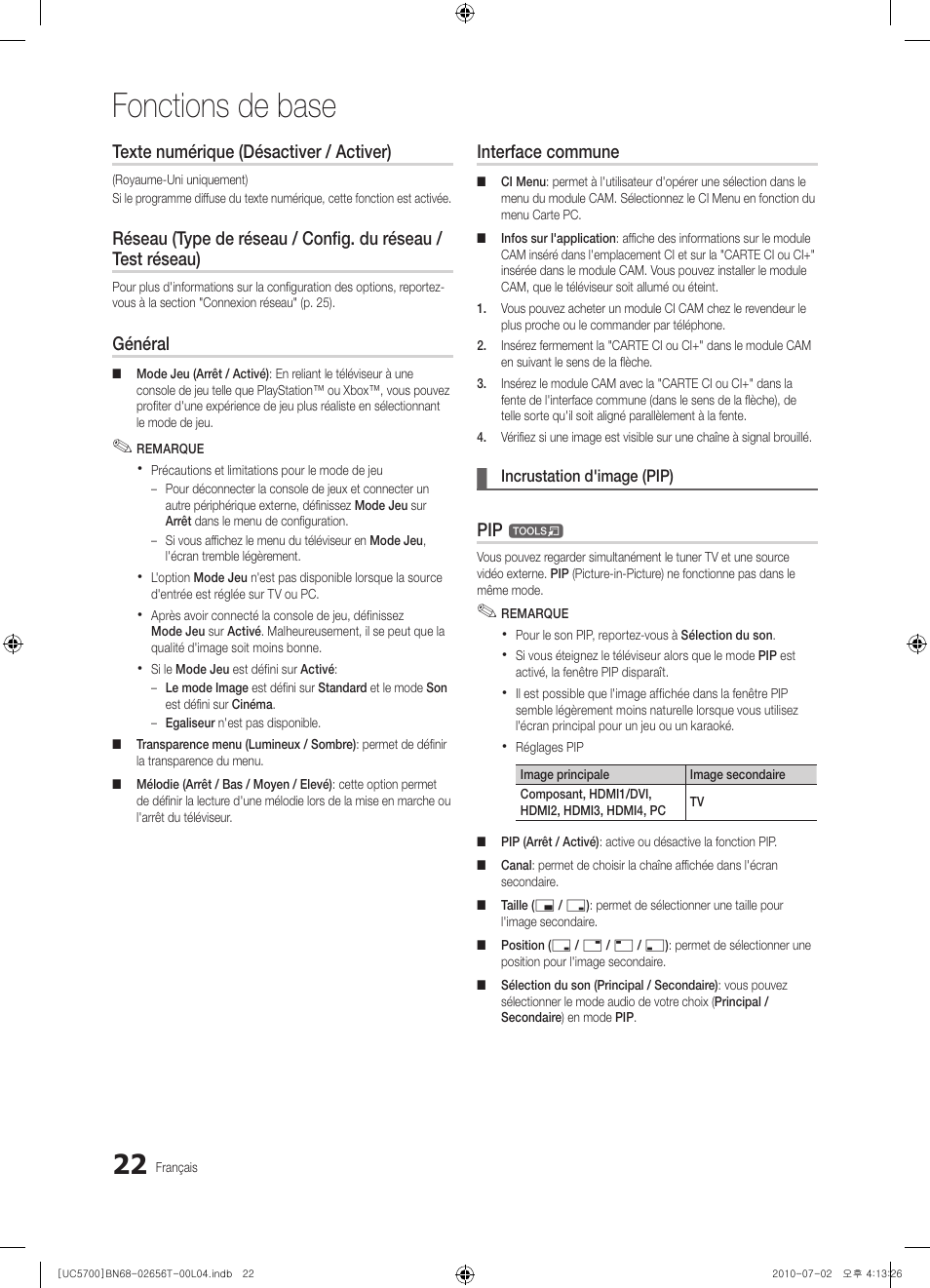 Fonctions de base, Texte numérique (désactiver / activer), Général | Interface commune | Samsung UE40C5700QS User Manual | Page 126 / 209