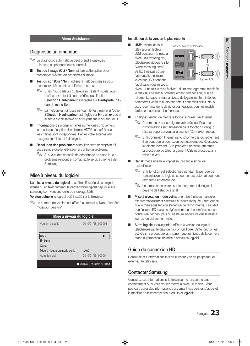 Diagnostic automatique, Mise à niveau du logiciel, Guide de connexion hd | Contacter samsung | Samsung UE40C5700QS User Manual | Page 127 / 209