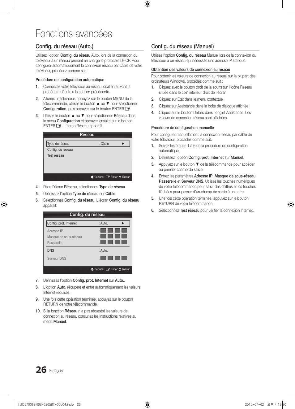 Fonctions avancées, Config. du réseau (auto.), Config. du réseau (manuel) | Samsung UE40C5700QS User Manual | Page 130 / 209