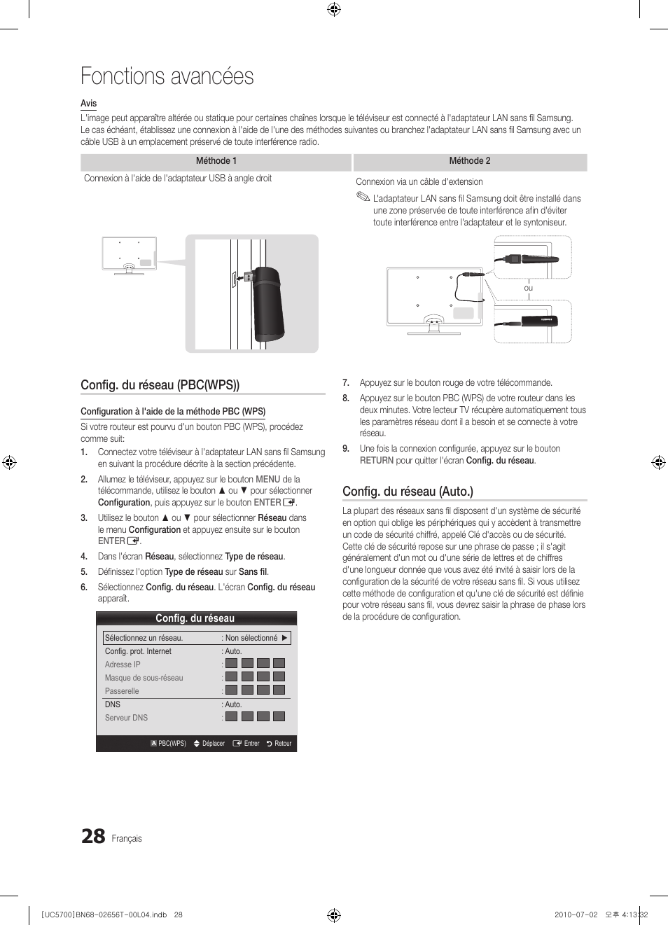 Fonctions avancées, Config. du réseau (pbc(wps)), Config. du réseau (auto.) | Samsung UE40C5700QS User Manual | Page 132 / 209