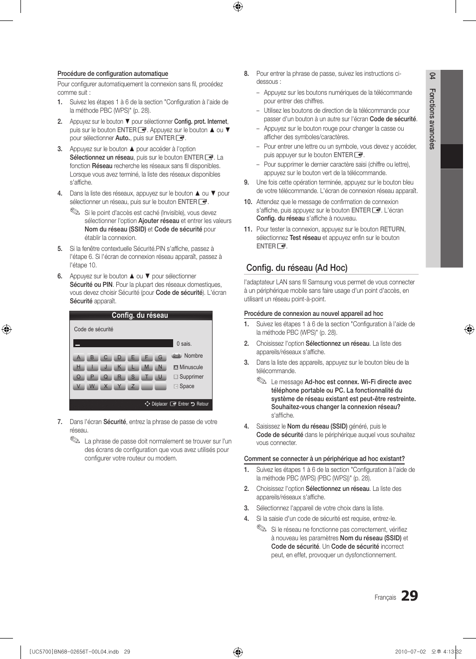 Config. du réseau (ad hoc) | Samsung UE40C5700QS User Manual | Page 133 / 209