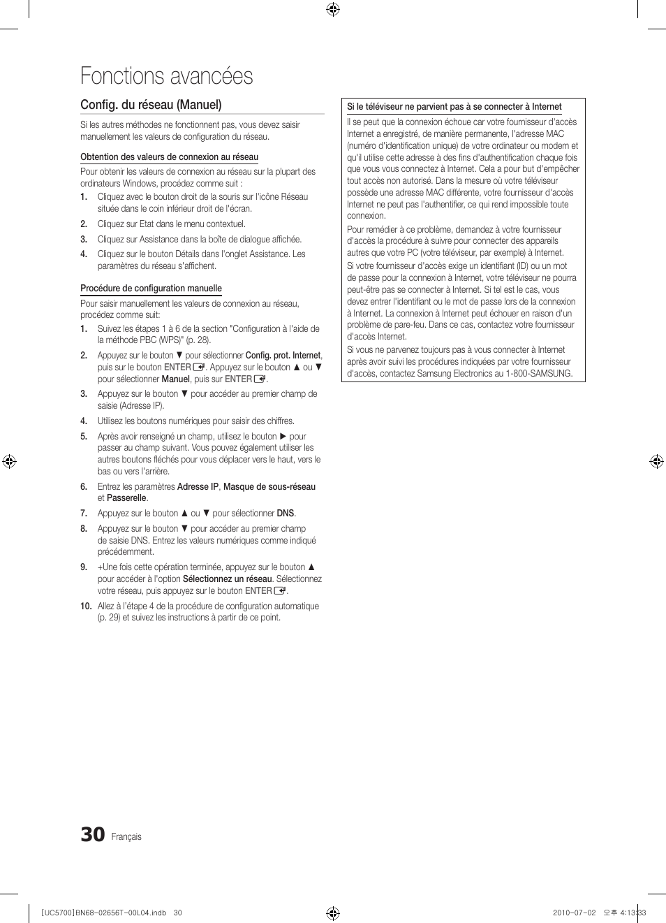 Fonctions avancées, Config. du réseau (manuel) | Samsung UE40C5700QS User Manual | Page 134 / 209