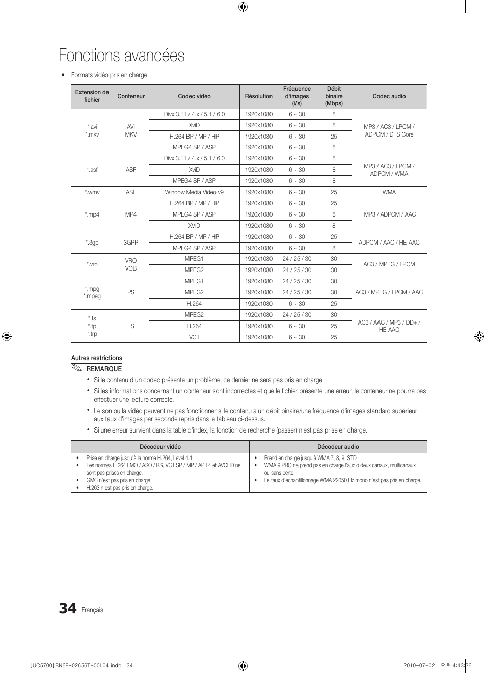 Fonctions avancées | Samsung UE40C5700QS User Manual | Page 138 / 209