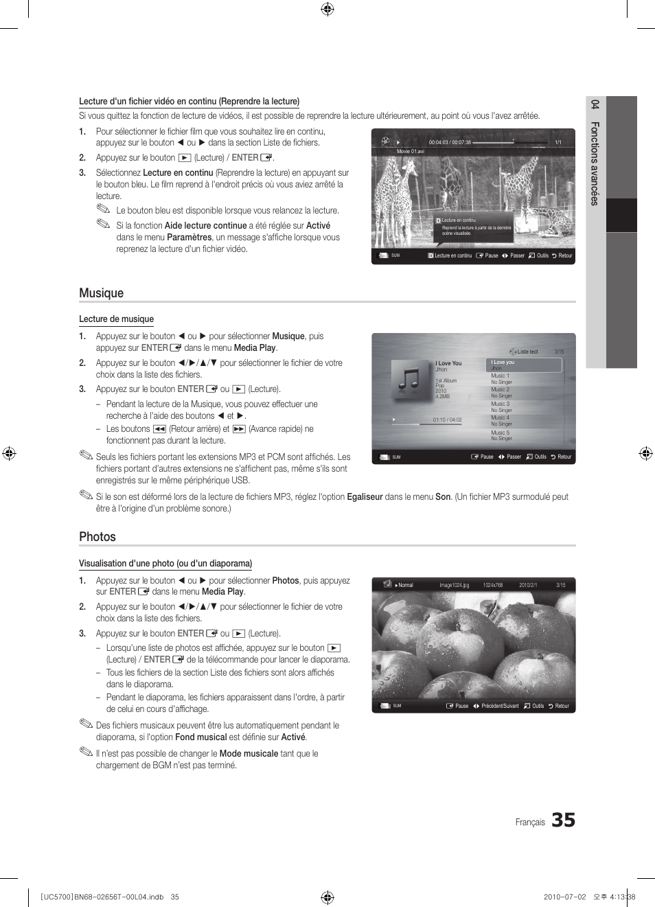 Musique, Photos | Samsung UE40C5700QS User Manual | Page 139 / 209
