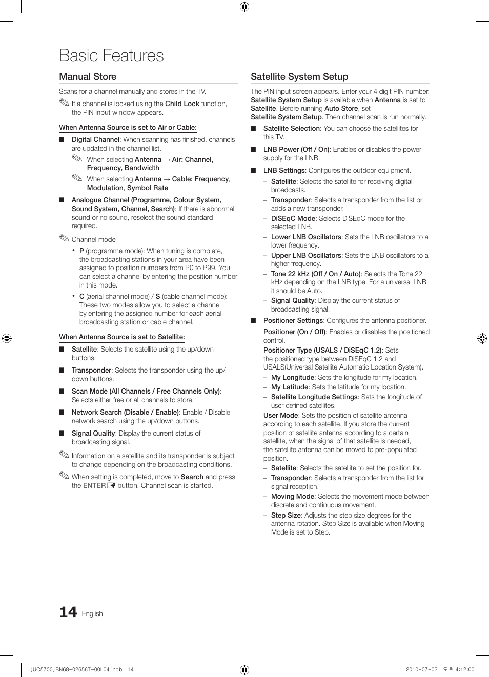 Basic features, Manual store, Satellite system setup | Samsung UE40C5700QS User Manual | Page 14 / 209