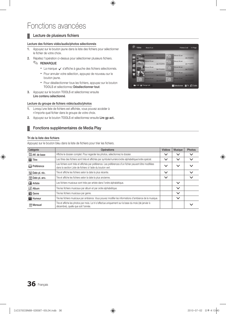 Fonctions avancées, Lecture de plusieurs fichiers, Fonctions supplémentaires de media play | Samsung UE40C5700QS User Manual | Page 140 / 209