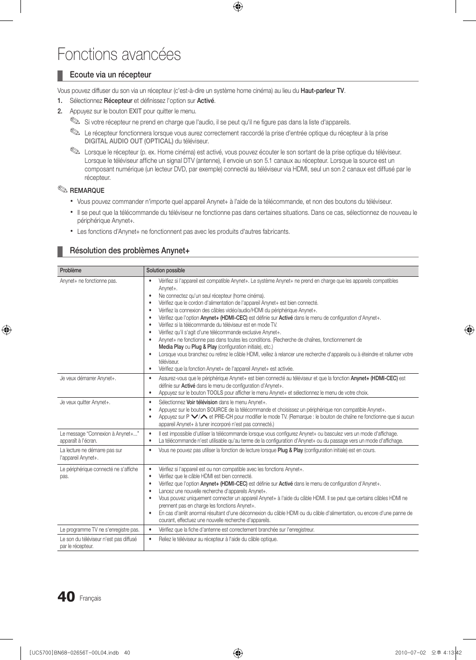 Fonctions avancées | Samsung UE40C5700QS User Manual | Page 144 / 209