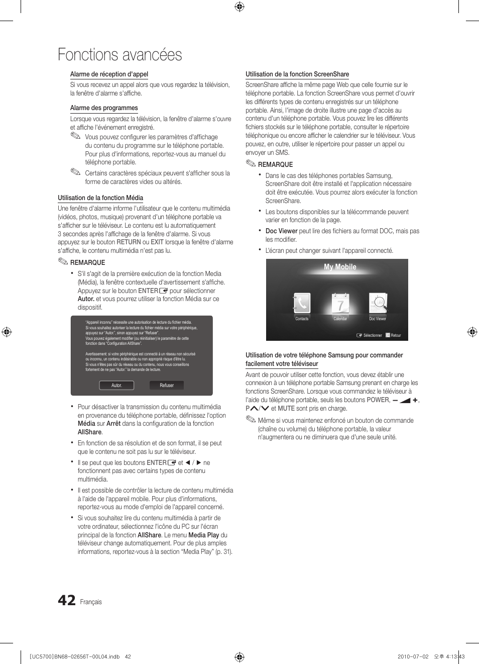 Fonctions avancées | Samsung UE40C5700QS User Manual | Page 146 / 209