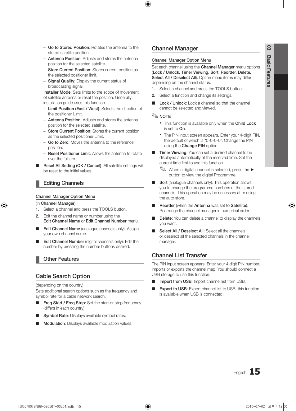 Cable search option, Channel manager, Channel list transfer | Samsung UE40C5700QS User Manual | Page 15 / 209