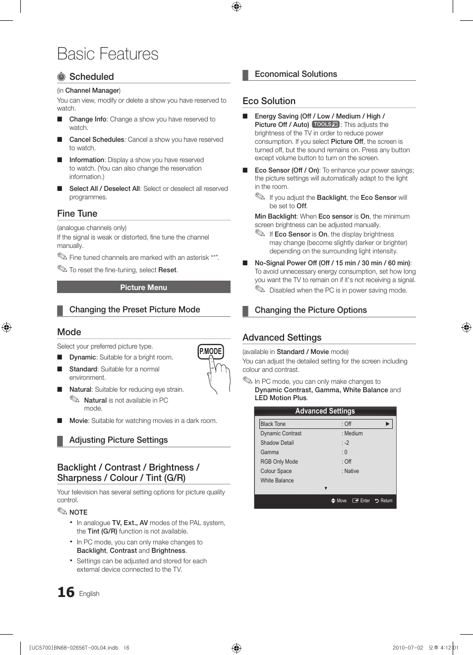 Picture menu, Basic features, Scheduled | Fine tune, Mode, Eco solution, Advanced settings | Samsung UE40C5700QS User Manual | Page 16 / 209